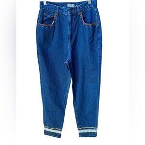 1990s Liz Claiborne Classic High-Waisted Tapered Leg Rick Rack Beaded Trim Jeans